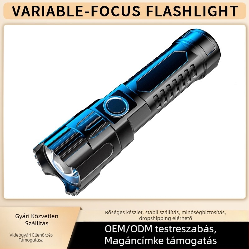 USB újratölthető zseblámpa teleszkópos zoommal és nagy flood fénnyel — LED, 800 mAh, 3.7V, ABS burkolat, hatótávolság 100–200 m, üzemidő 1–2 óra