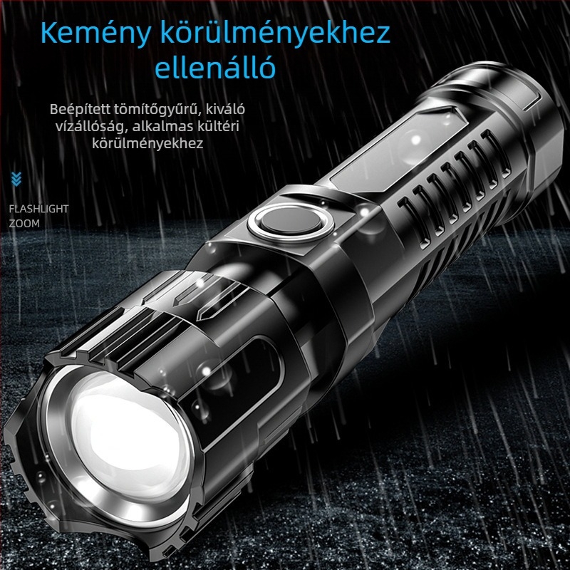 USB újratölthető zseblámpa teleszkópos zoommal és nagy flood fénnyel — LED, 800 mAh, 3.7V, ABS burkolat, hatótávolság 100–200 m, üzemidő 1–2 óra