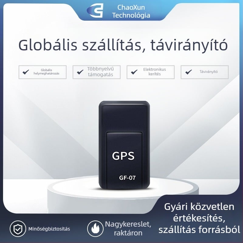 GF07 autó GPS-lokátor telepítés nélkül, beépített antenna, 50 m helymeghatározási pontosság, 100 óra üzemidő, USB tápegység