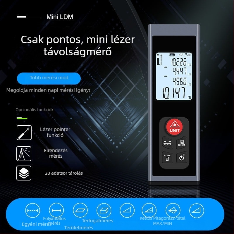 Mini lézeres távolságmérő és digitális vonalzó, újratölthető, infravörös mérés, magas precizitás.