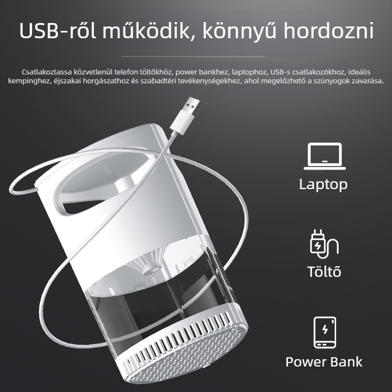 USB-vel működő szúnyogirtó lámpa, csendes inhalációs módszerrel, alkalmas helyiségekben legfeljebb 10 m², aromaterápia és szúnyogriasztó