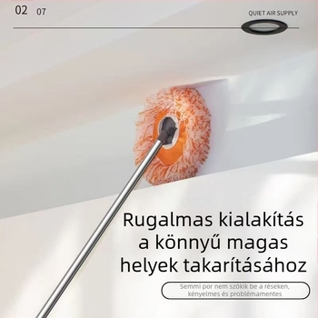 Mindenfunkciós, napraforgó alakú lapos mop mikroszálas fejjel és rozsdamentes acélrúddal; pamut-gaz mopfej; vízleadás 80–90%; teherbírás 10 kg alatt.
