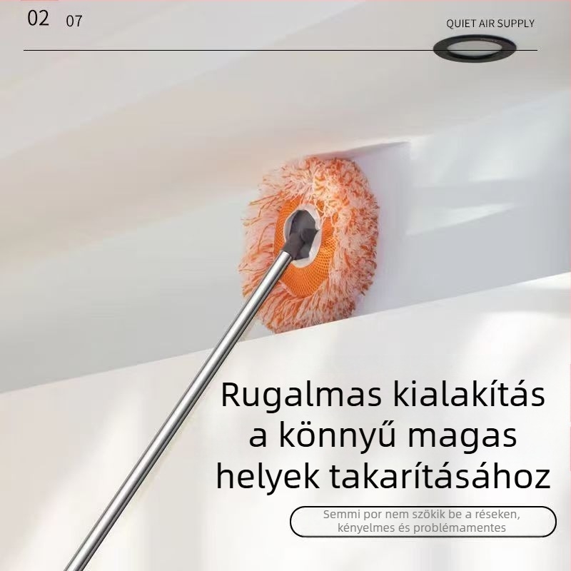 Mindenfunkciós, napraforgó alakú lapos mop mikroszálas fejjel és rozsdamentes acélrúddal; pamut-gaz mopfej; vízleadás 80–90%; teherbírás 10 kg alatt.