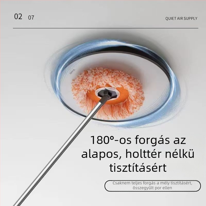 Mindenfunkciós, napraforgó alakú lapos mop mikroszálas fejjel és rozsdamentes acélrúddal; pamut-gaz mopfej; vízleadás 80–90%; teherbírás 10 kg alatt.