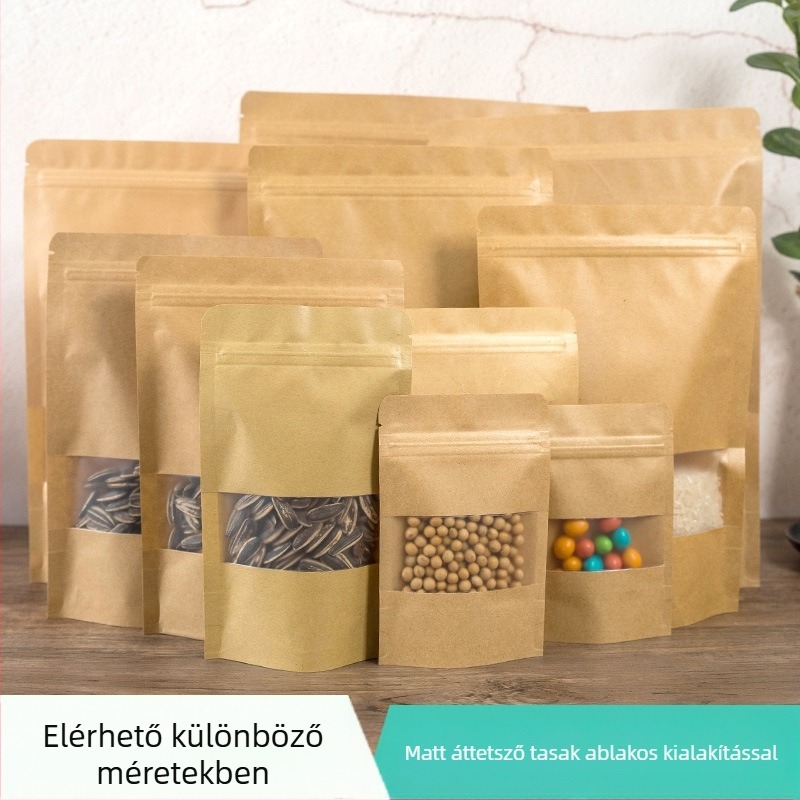 Kraftpapír taska ablakos, álló, önzáró, élelmiszer- és ajándékcsomagoláshoz