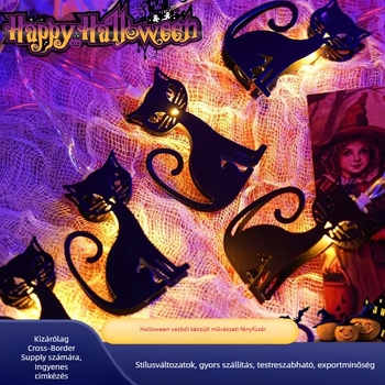Halloween fém szalagfény macska alakú díszvilágítás (10 LED, ≤36V, IP44, akkumulátoros, 3000K)