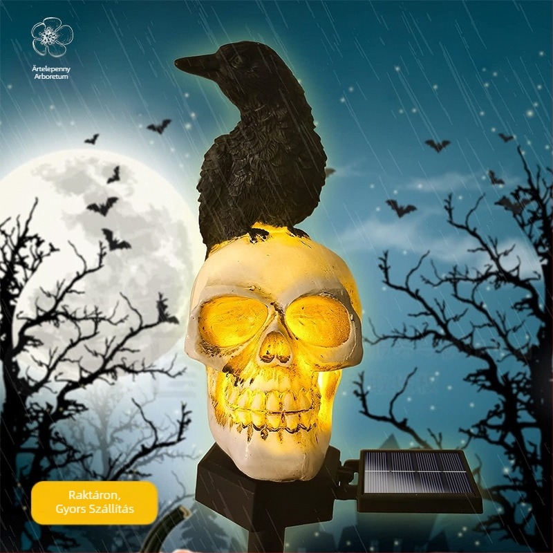 Napelemes kültéri kerti lámpa koponya és varjú motívummal, IP65 vízálló, LED világítás, működési idő 6–12 óra, élettartam 10000 óra