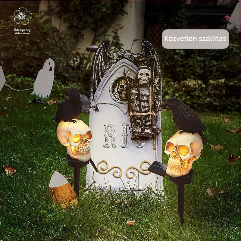 Napelemes kültéri kerti lámpa koponya és varjú motívummal, IP65 vízálló, LED világítás, működési idő 6–12 óra, élettartam 10000 óra