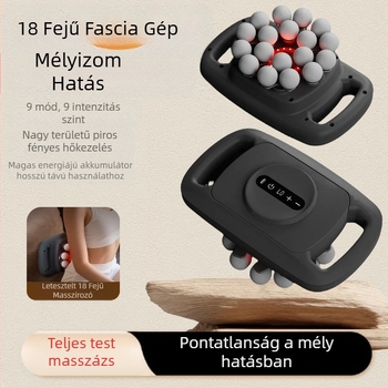 Perkusz masszírozó 6 fejjel, kefés motor, 5+ sebesség, beépített akkumulátor 1200–2000 mAh, üzemidő 3–6 óra