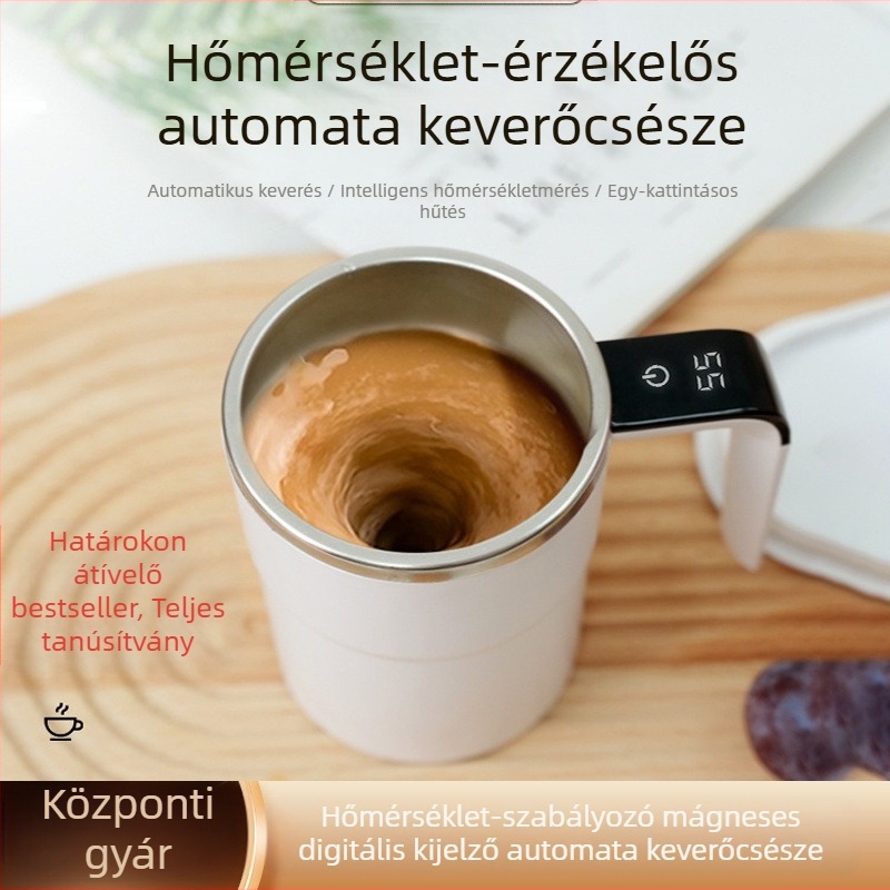 LEC kávés pohár digitális hőmérséklet kijelzővel, mini elektromos keverő, USB-töltő, automata mágneses keverés