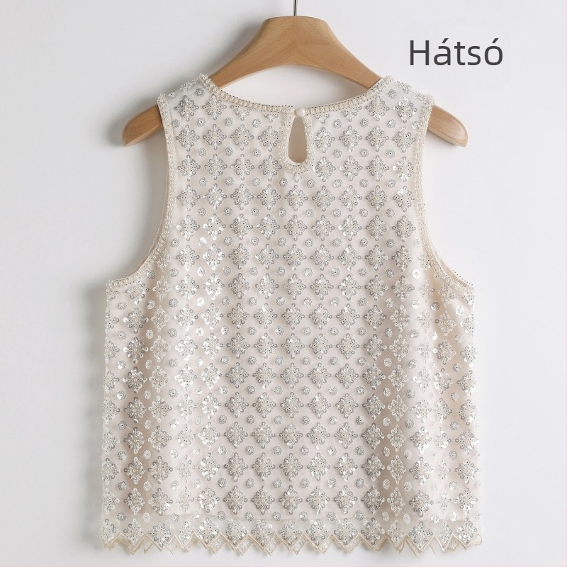 Női ujjatlan T-shirt hálószövésű anyagból, poliészter 50–70%, kerek nyak, nyár 2024