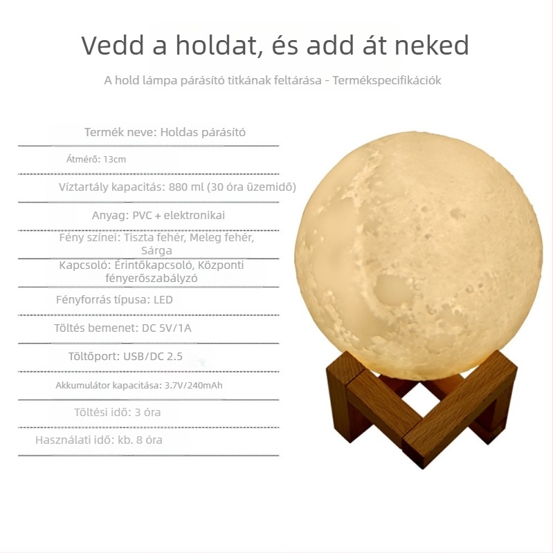 Hold alakú párásító aromaterápiával és éjszakai fénnyel — modell WY2541, tartály 0.5–1 L, zaj <36 dB, teljesítmény 5W, USB/száraz elem