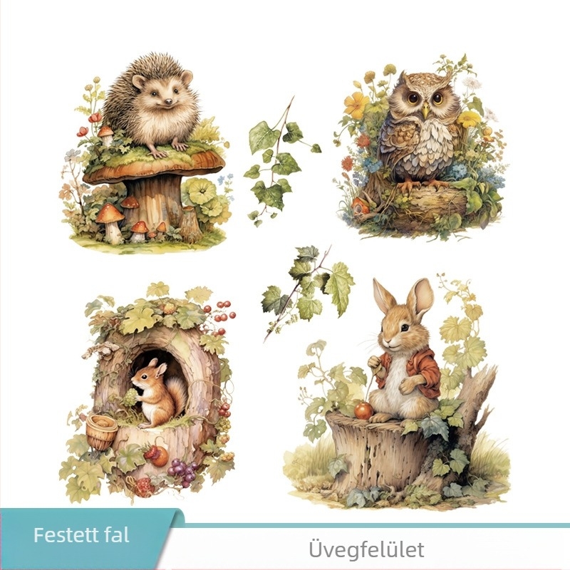 PVC falikép matrica – vízálló, dekoratív; erdei állat motívum; 1 db; nappali vagy hálószoba számára; rajzfilm-stílus, sík falikép.