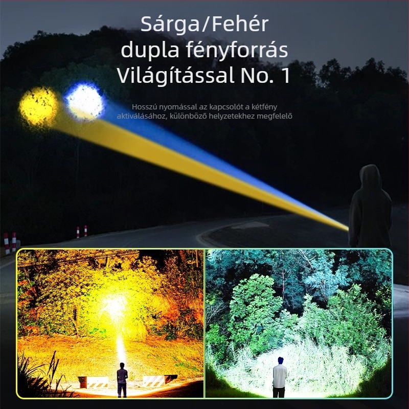 Kétszeres lézeres zseblámpa fókuszálással, hosszú hatótáv 500 m-ig, 10 W, 3000 mAh akkumulátor, töltő a csomagban, többfunkciós LED