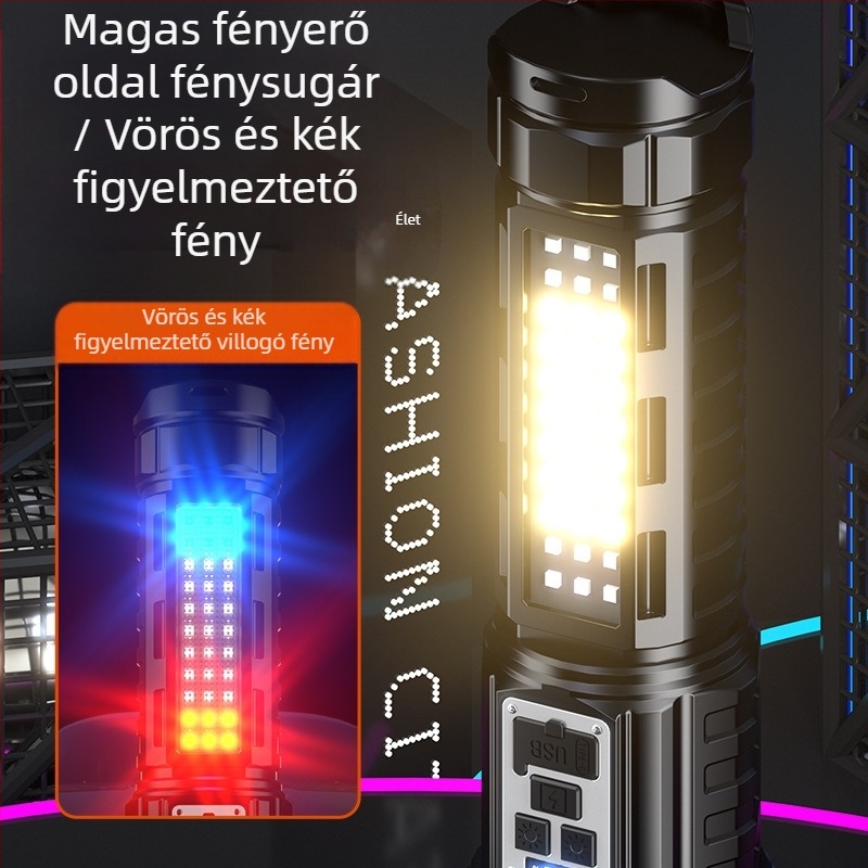 Kétszeres lézeres zseblámpa fókuszálással, hosszú hatótáv 500 m-ig, 10 W, 3000 mAh akkumulátor, töltő a csomagban, többfunkciós LED