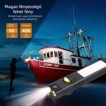 LED zseblámpa mágneses tartóval, újratölthető, hordozható, 50 m hatótávolság, ABS tok, többfunkciós