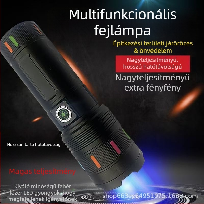 LED zseblámpa, 10–15W, 4500–6000 mAh akkumulátor, USB töltés, hatótávolság ≥500 m