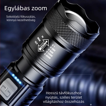 Kézi zseblámpa kültéri használatra, többfunkciós, hosszú hatótávolságú világítással és oldalsó lézerfénnyel