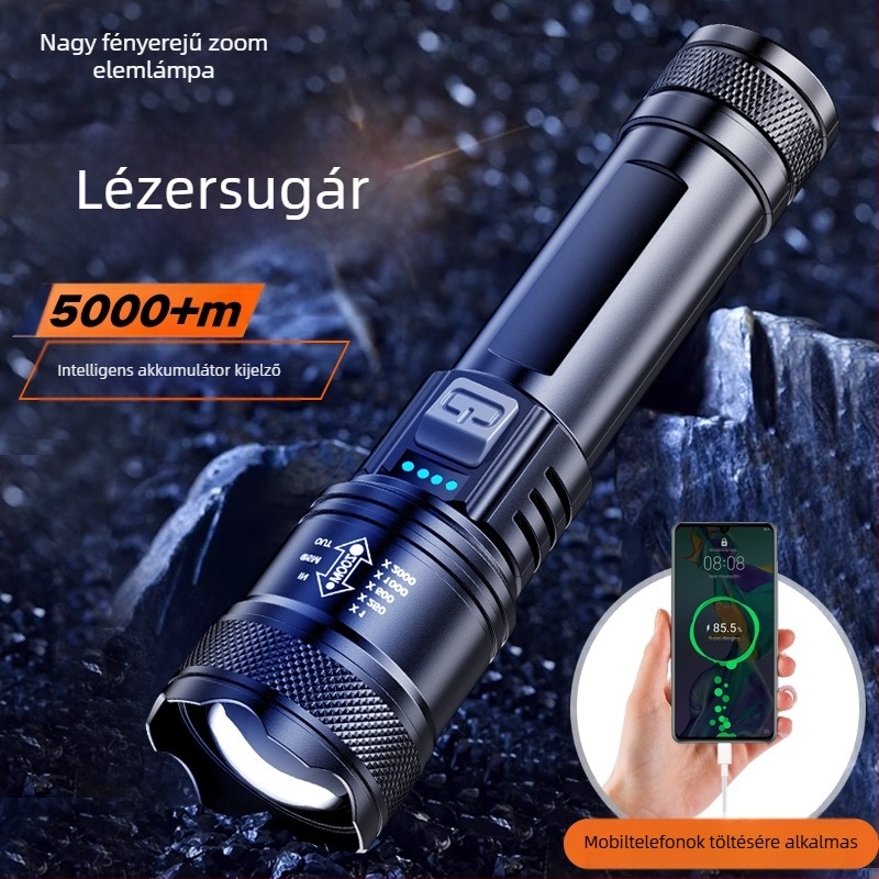 Kézi zseblámpa kültéri használatra, többfunkciós, hosszú hatótávolságú világítással és oldalsó lézerfénnyel