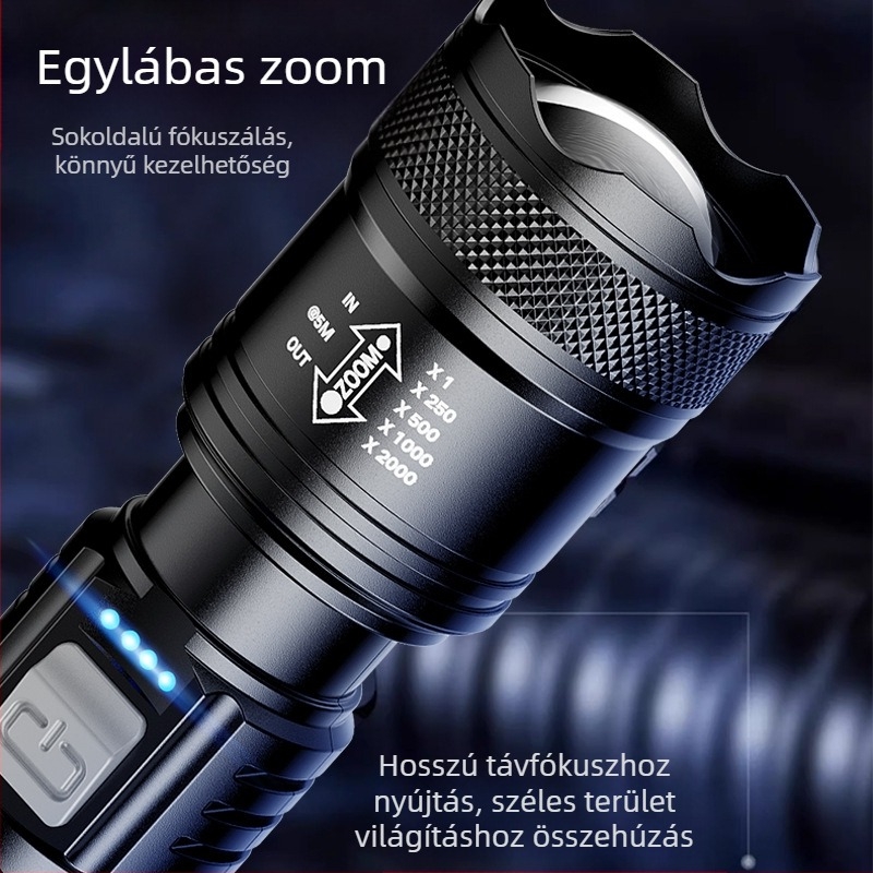 Kézi zseblámpa kültéri használatra, többfunkciós, hosszú hatótávolságú világítással és oldalsó lézerfénnyel