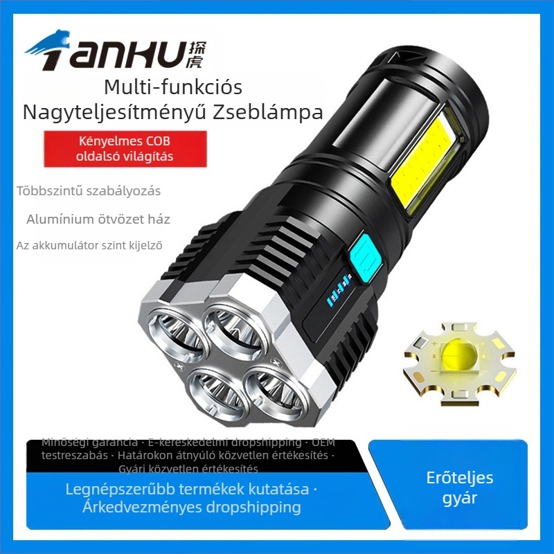 LED zseblámpa COB oldalsó fénnyel, USB töltés, 5W, 600mAh, kézi nyomással energiatermelés