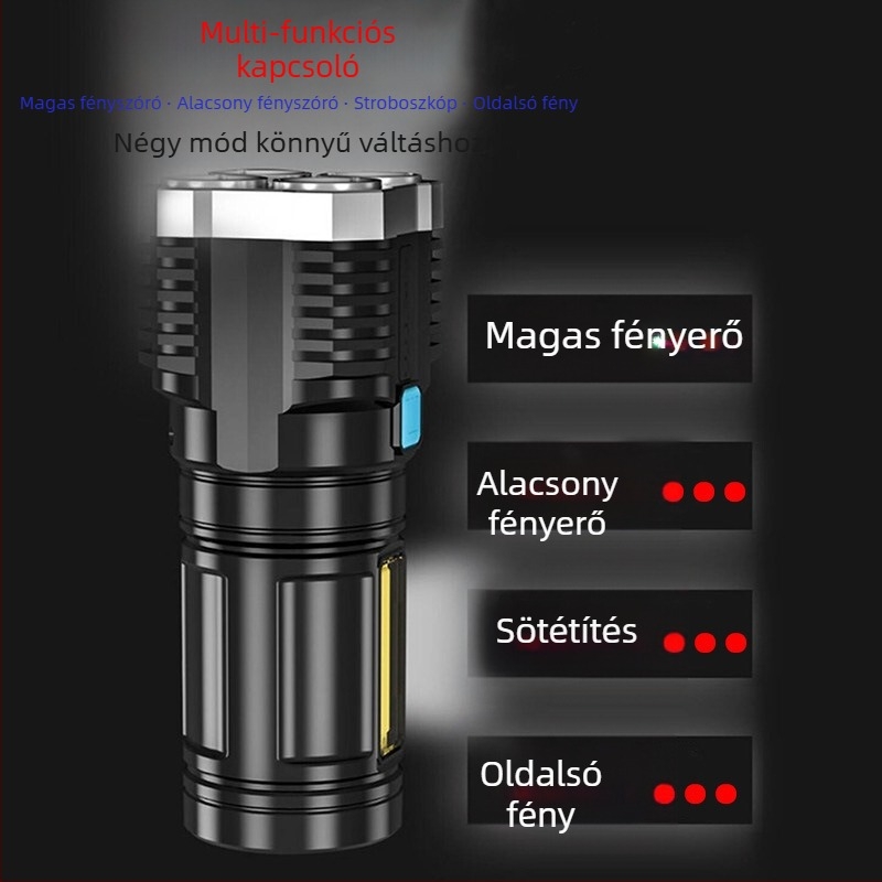 LED zseblámpa COB oldalsó fénnyel, USB töltés, 5W, 600mAh, kézi nyomással energiatermelés