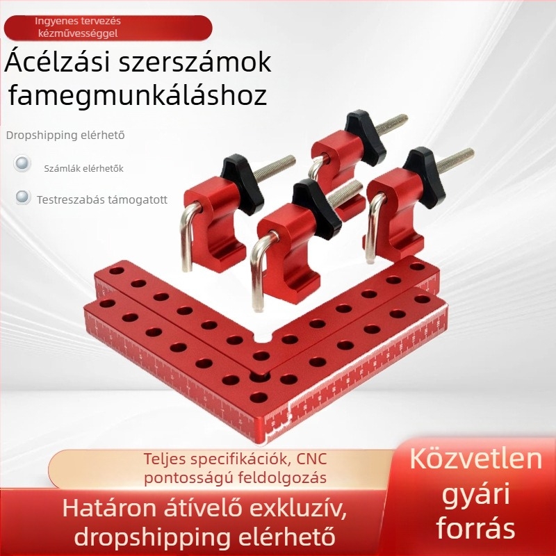 Faipari szorító 90°-os pozíciós blokkal, alumínium ötvözetből, kompatibilis az alumínium extrudált profiljaival, mérő típus