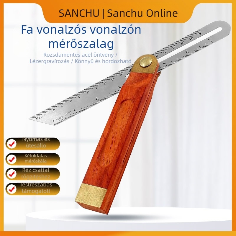 Mozgó szögmérő fához illesztett markolattal és rozsdamentes acél testtel, állítható szög