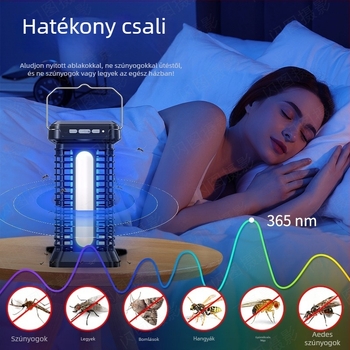 LED szúnyogirtó lámpa beltéri és kültéri használatra, LED csapdával és elektrosokkal, beépített 4000–5000mAh akkumulátor, 1–3 óra töltés, 21–30 m² lefedettség