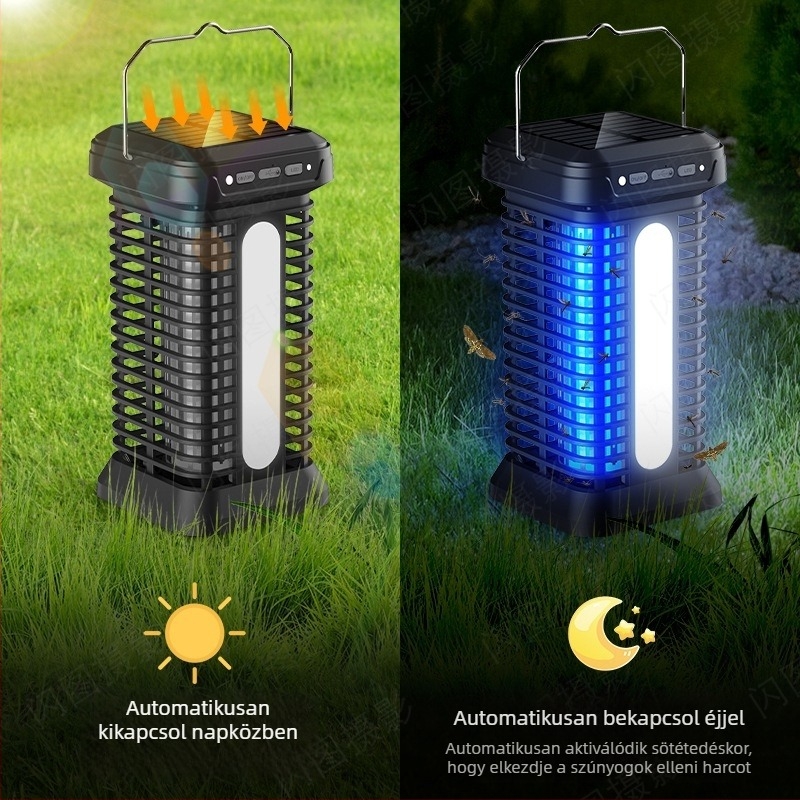 LED szúnyogirtó lámpa beltéri és kültéri használatra, LED csapdával és elektrosokkal, beépített 4000–5000mAh akkumulátor, 1–3 óra töltés, 21–30 m² lefedettség