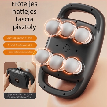 Hatfejű fascia masszírozó teljes testhez, kefés motor, beépített akkumulátor 2000–4000 mAh, 5+ sebesség, zaj 36–45 dB