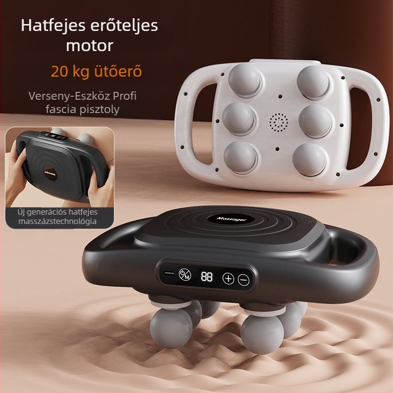 Hatfejű fascia masszírozó teljes testhez, kefés motor, beépített akkumulátor 2000–4000 mAh, 5+ sebesség, zaj 36–45 dB