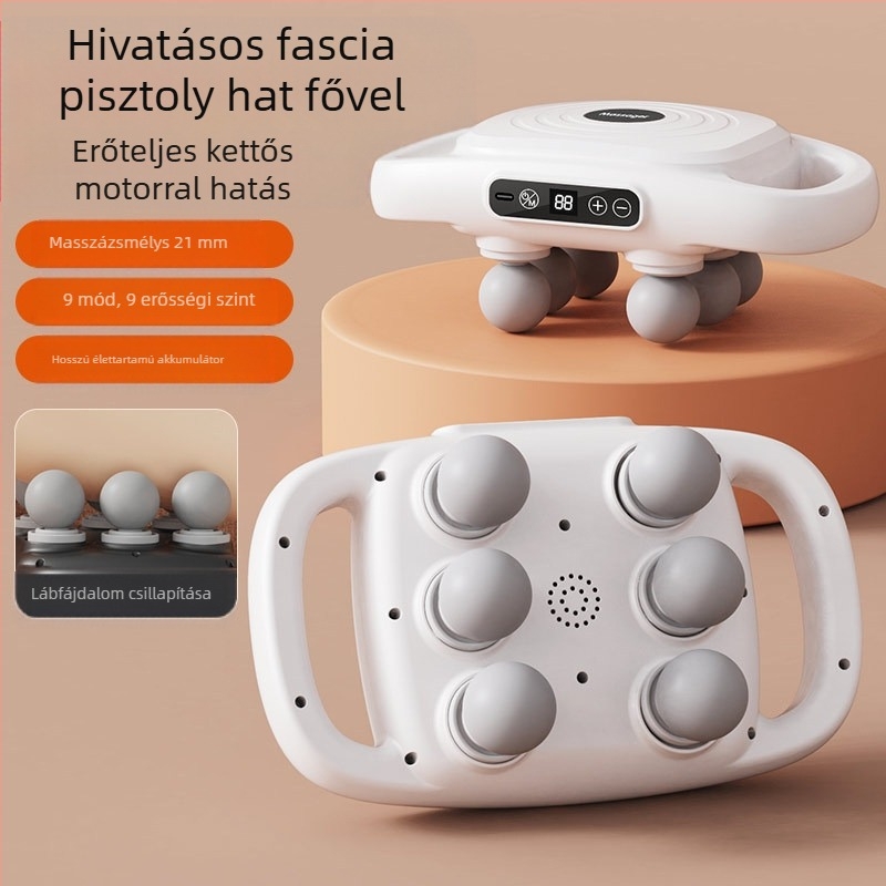 Hatfejű fascia masszírozó teljes testhez, kefés motor, beépített akkumulátor 2000–4000 mAh, 5+ sebesség, zaj 36–45 dB