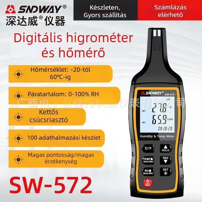 SW572 kézi digitális hőmérséklet- és páratartalom-mérő, magas érzékenységű szenzor