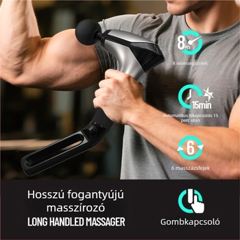 Hordozható ütőmasszírozó hosszú nyeletű fogantyúval, beépített akkumulátor (1–3 óra), 6+ fej, kefés motor, többfokozatú és sebesség-szabályozás