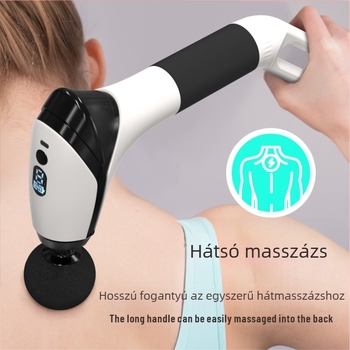 Hordozható ütőmasszírozó hosszú nyeletű fogantyúval, beépített akkumulátor (1–3 óra), 6+ fej, kefés motor, többfokozatú és sebesség-szabályozás