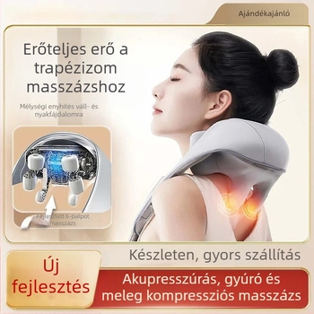 Vezeték nélküli nyaki masszírozó dagasztó mozgással, melegítő kompresszió és infravörös terápia, 6 fej, újratölthető modell 106