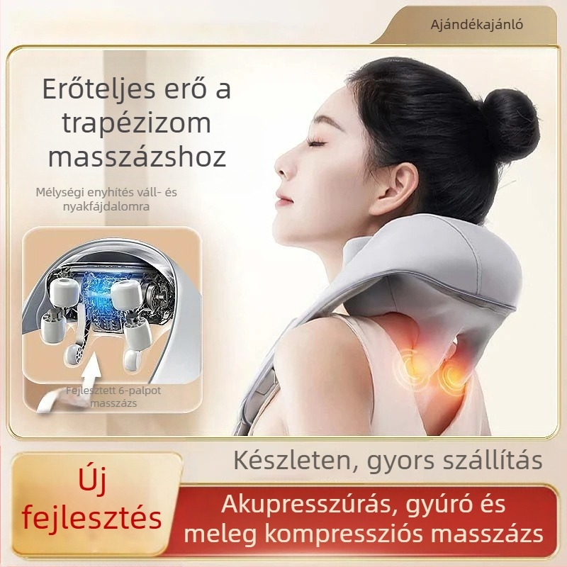 Vezeték nélküli nyaki masszírozó dagasztó mozgással, melegítő kompresszió és infravörös terápia, 6 fej, újratölthető modell 106