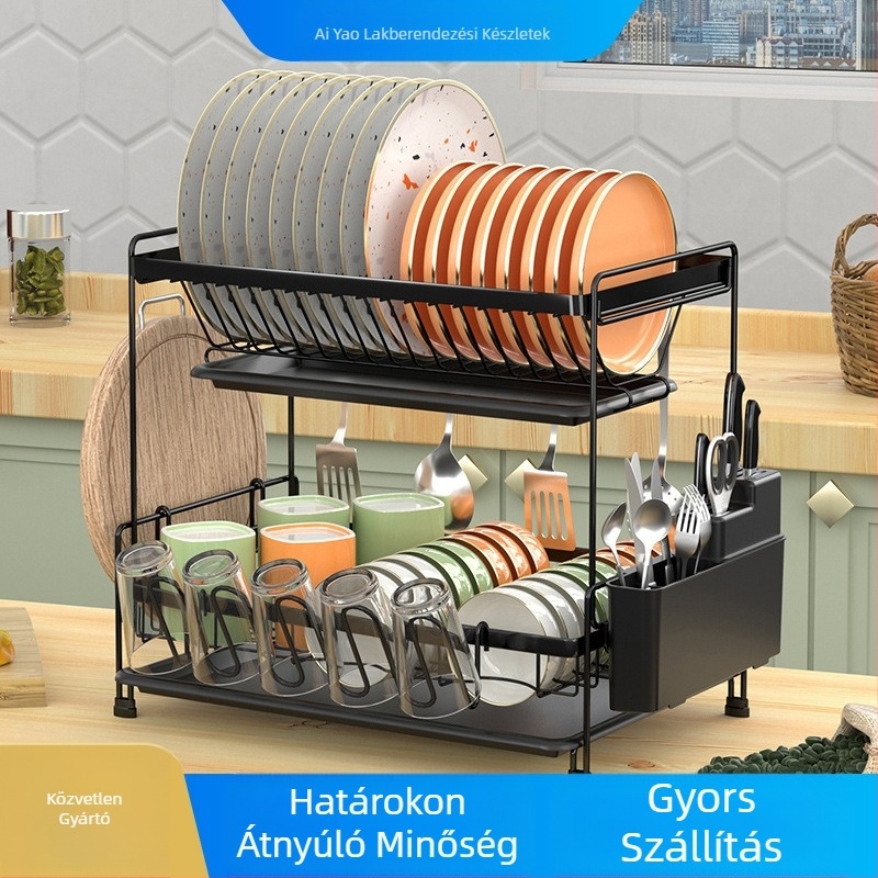 Kétszintes konyhai mosogatóállvány – vasdrót anyag, modern minimalist stílus, edények és tálak szervezője