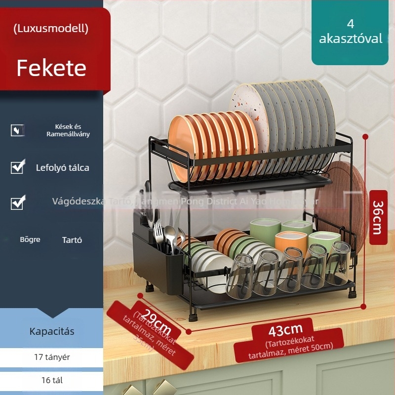 Kétszintes konyhai mosogatóállvány – vasdrót anyag, modern minimalist stílus, edények és tálak szervezője