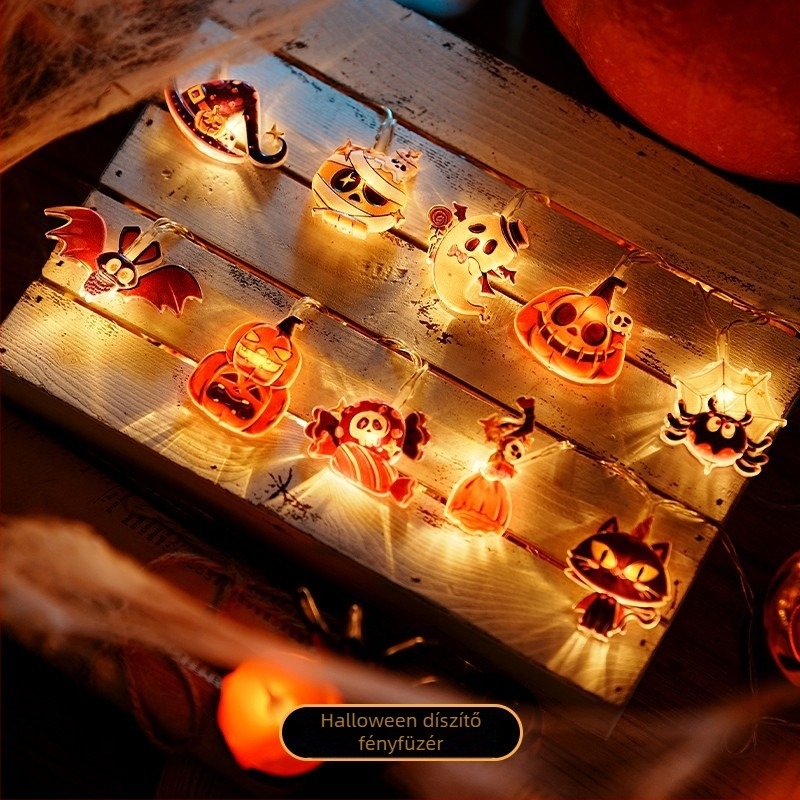 Halloween LED díszítő füzér Cartoon figurákkal: tök, szellem, pók (IP42; akkumulátorról működik; 10–100 LED; ≤36V; élettartam 10000 h)