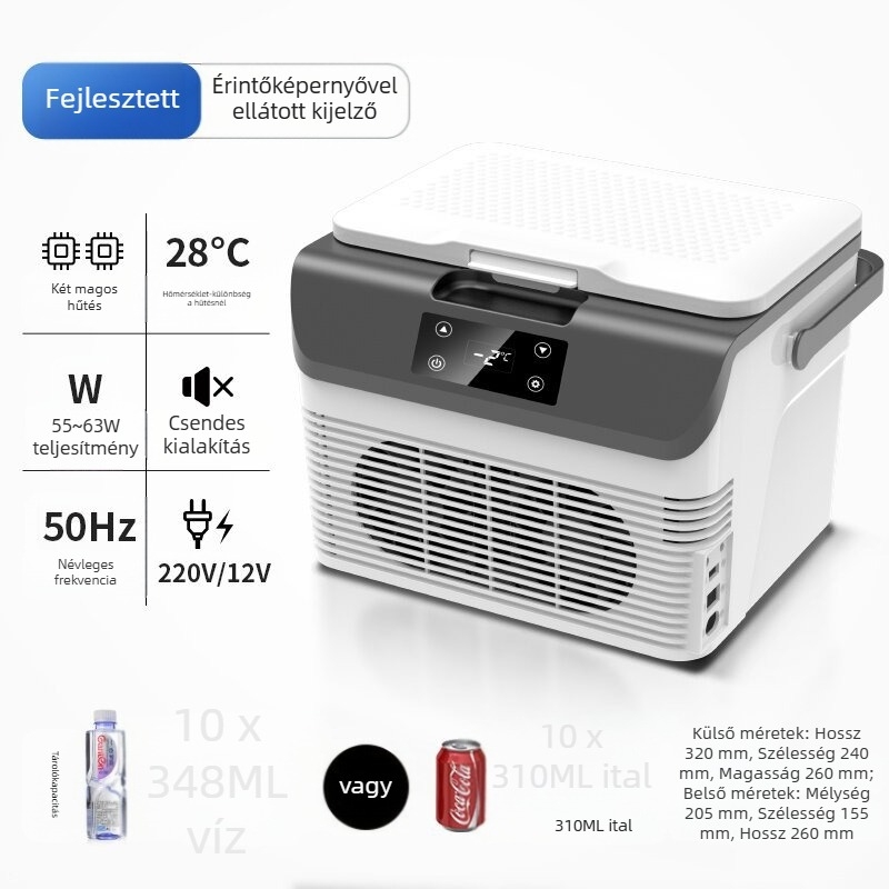 Szemcsés autóhűtő félvezető technológiával, kettős használat autó és otthon, 11-15L, 55-63W, DC12V/24V és 220-240V AC, hűtés -9°C / fűtés 65°C