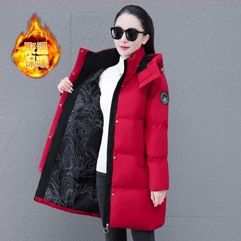 Női középhosszú poliészter kabát selyemszerű töltettel, hosszú ujjak, levehető kapucni, cipzár