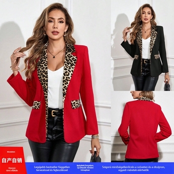 Női leopárdmintás slim-fit blézer gallérral, hosszú ujjú, poliészter 95%+