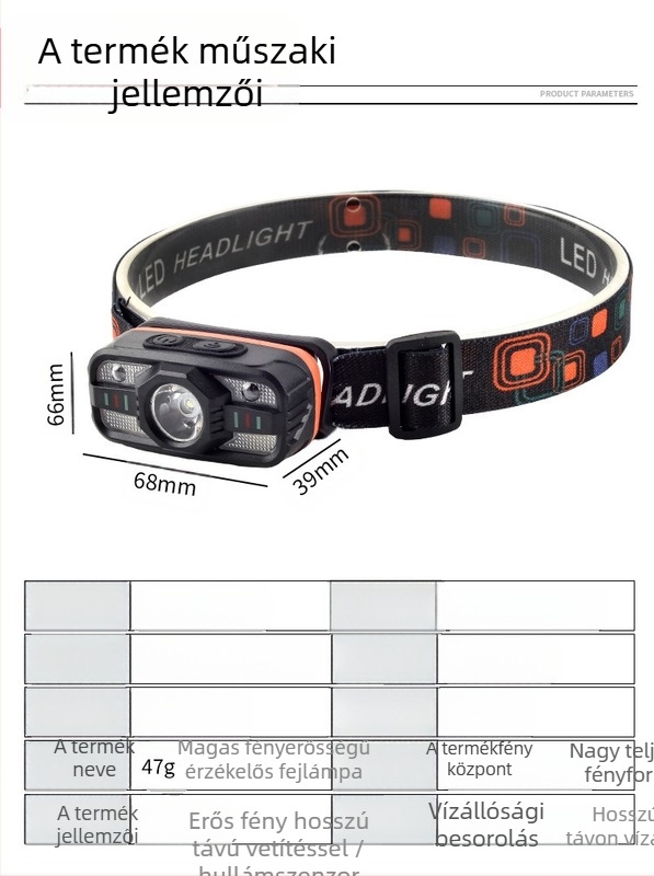 Indukciós fejlámpa, multifunkciós, újratölthető LED-del, fejre rögzíthető éjszakai futáshoz és kültéri használathoz; akkumulátor 500–800 mAh, teljesítmény 5W, hatótávolság 100–200 m, energiatermelés kézi nyomással