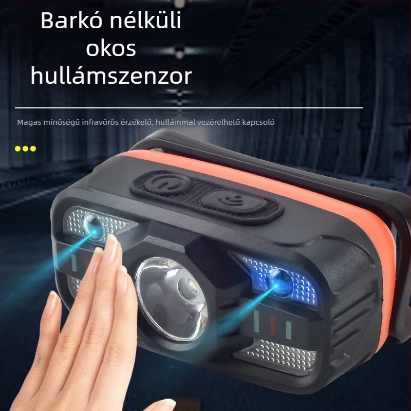 Indukciós fejlámpa, multifunkciós, újratölthető LED-del, fejre rögzíthető éjszakai futáshoz és kültéri használathoz; akkumulátor 500–800 mAh, teljesítmény 5W, hatótávolság 100–200 m, energiatermelés kézi nyomással