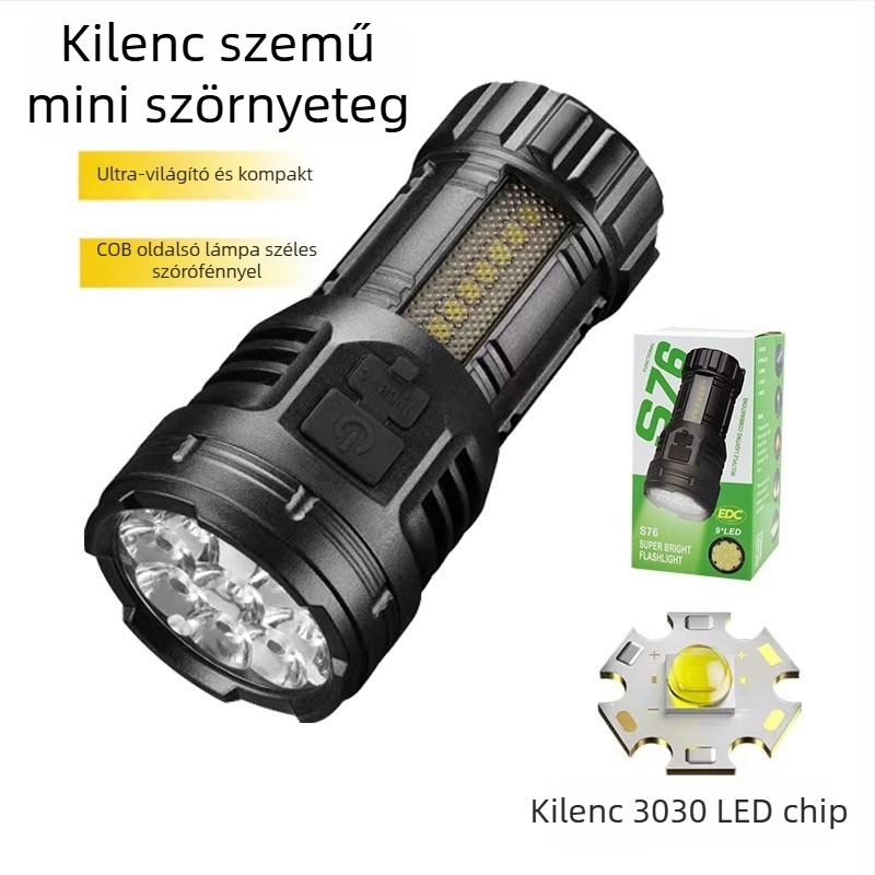 Kilenc szemű szörny dizájnú mini műanyag zseblámpa, oldalsó világítás, COB LED, mágneses farok, oldalsó csipesz
