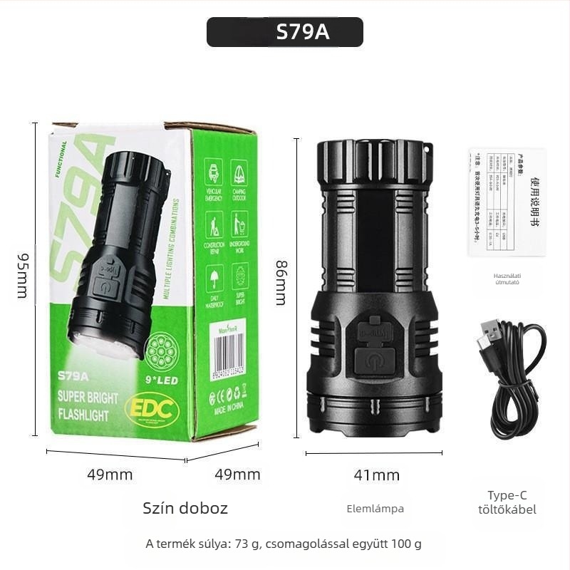 Kilenc szemű szörny dizájnú mini műanyag zseblámpa, oldalsó világítás, COB LED, mágneses farok, oldalsó csipesz