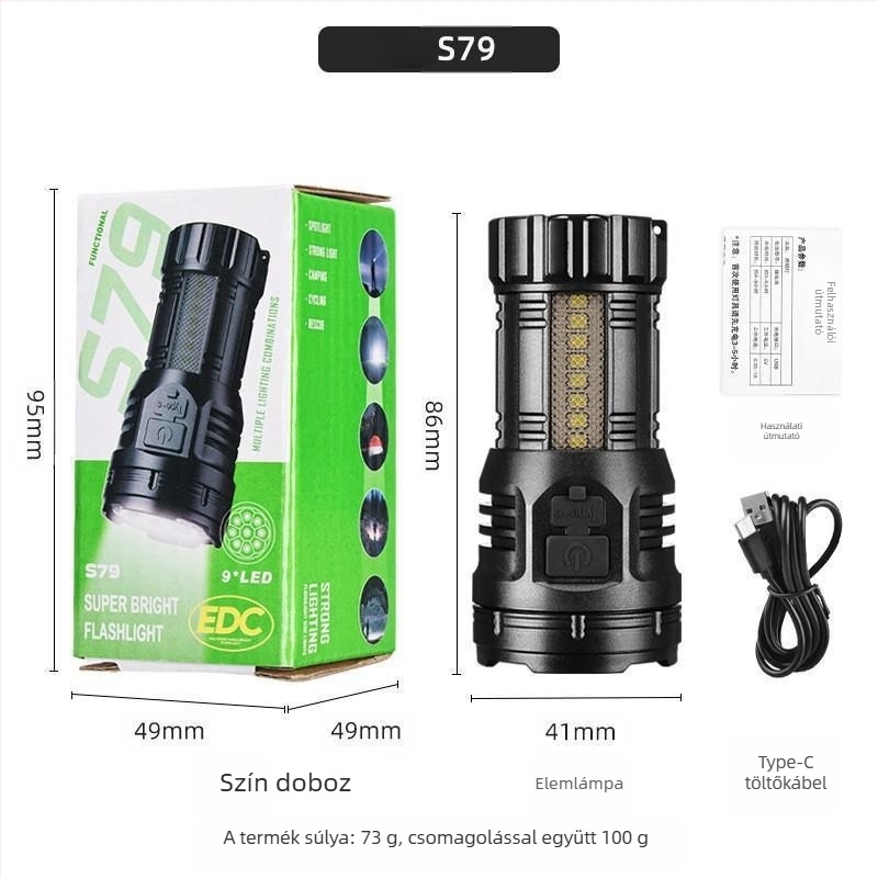 Kilenc szemű szörny dizájnú mini műanyag zseblámpa, oldalsó világítás, COB LED, mágneses farok, oldalsó csipesz