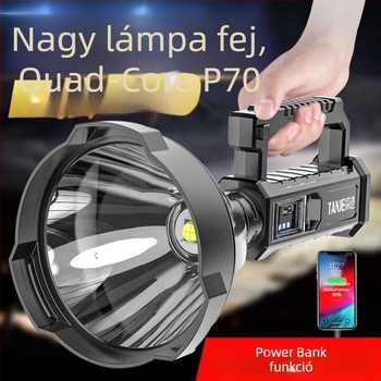 P90 kézben tartható LED keresőfény, 70W, 1200 mAh, kézi energia-generálás, töltésre tervezett, 100–200 m hatótávolság, ABS ház